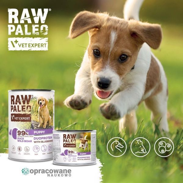 Raw Paleo Duck& Wild Boar Puppy - консерва с патица, диво прасе и боровинка за подрастващи кучета